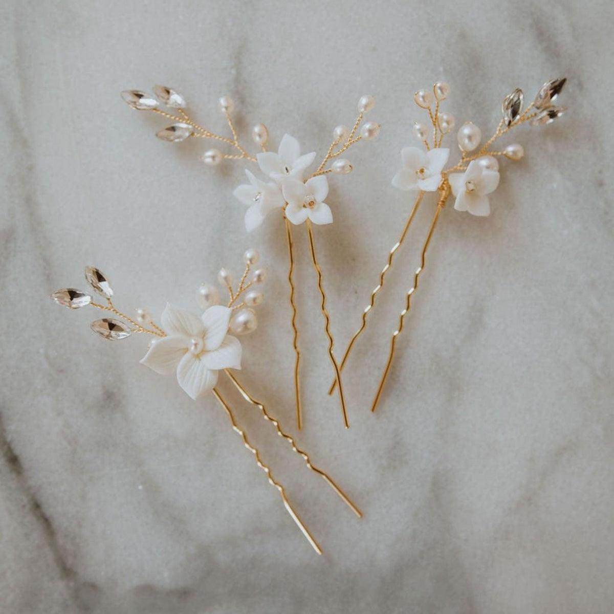 Bride wedding headwear White flower U-shaped Hairpins set of 3 684387483787 - COCOMELODY